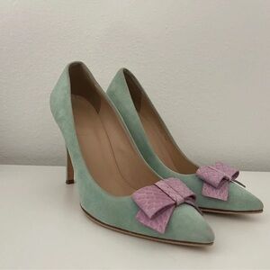 Mint Suede Pointed Heels with Pink Bow Accent